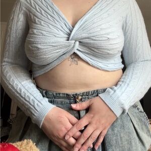 AKIRA Light Blue Twist Front Cable Knit Crop Top